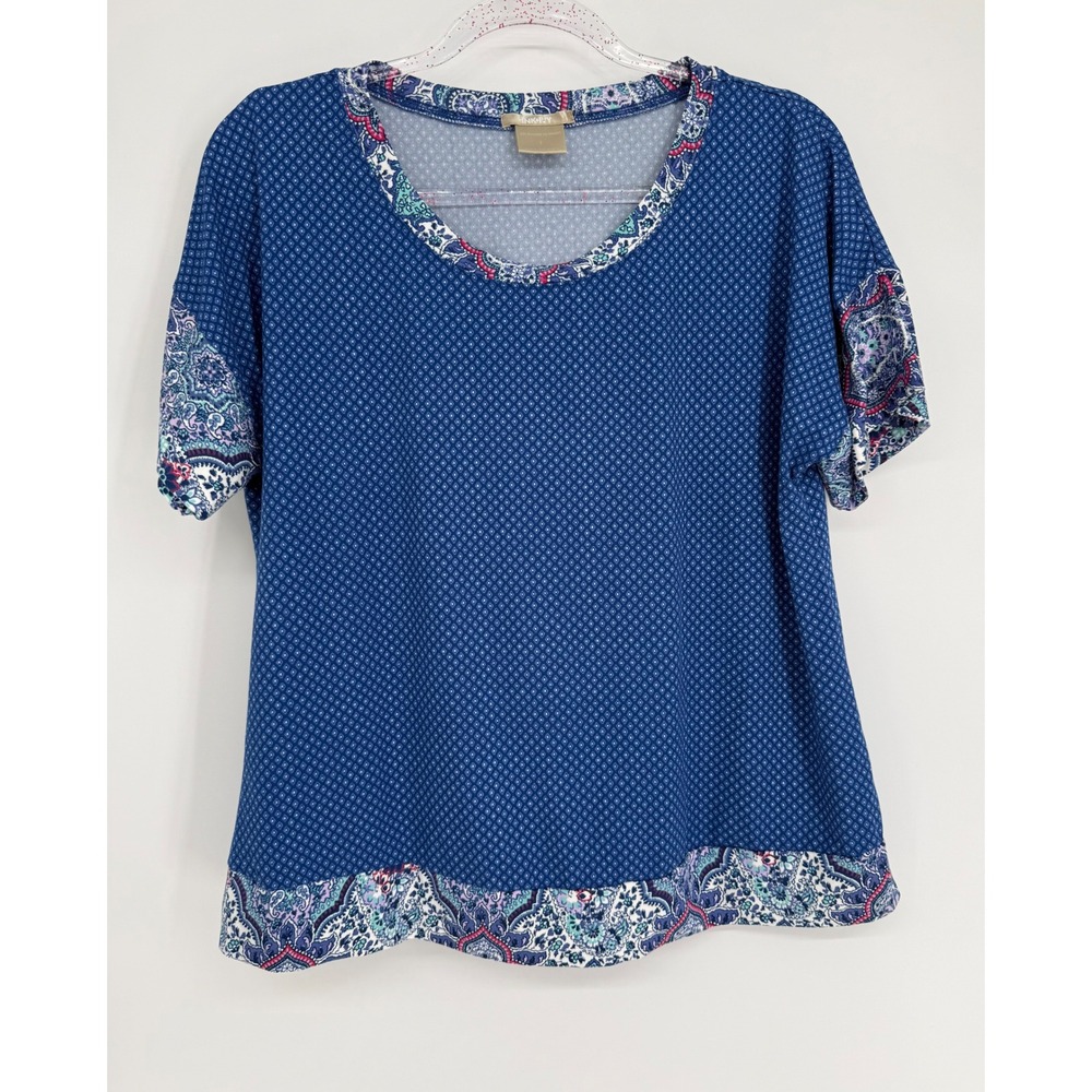 Ink+Ivy Womens Blue Geometric Paisley Mixed Print Scoop Neck Top Sz L